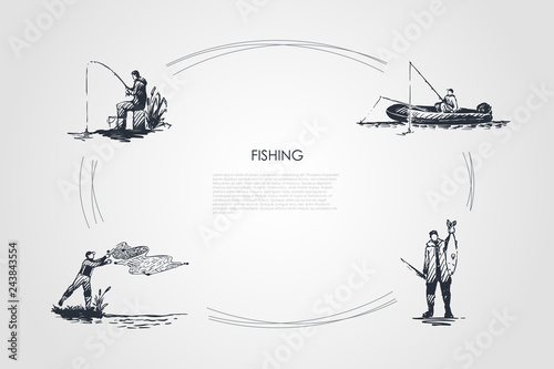 Fishing - fisherman casting net, fishing rod, catching fish, sitting on boat vector concept set photo