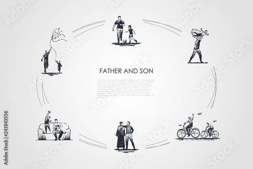 Father and son - father and son playing football, riding bicycles, kiting, playing on nature and at home vector concept set