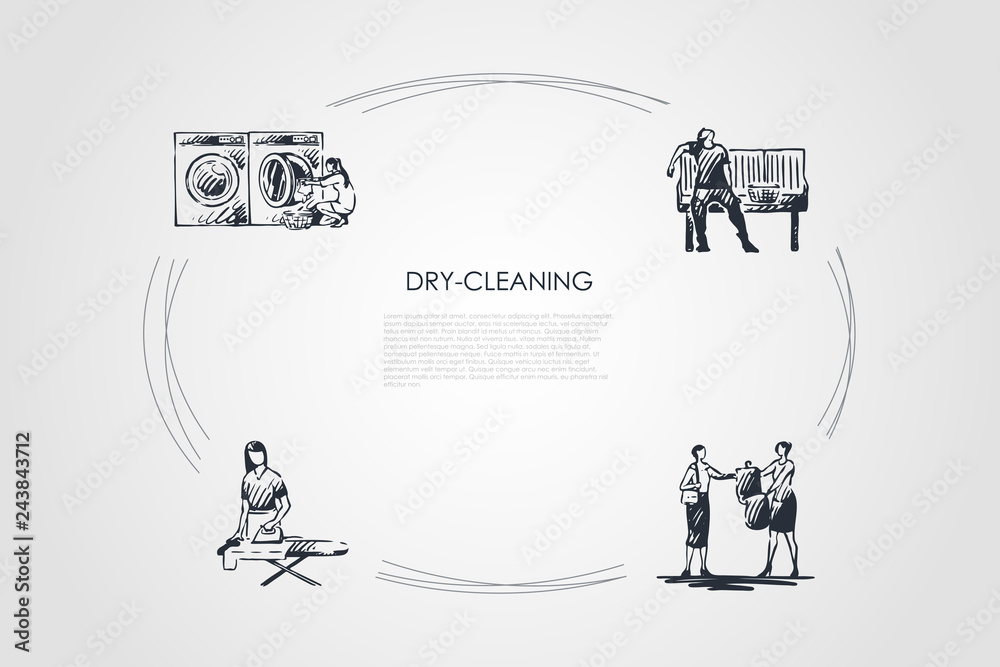 Dry-cleaning - ironing, chemical cleaning, machine washing, drying vector concept set Dry-cleaning - ironing, chemical cleaning, machine washing, drying vector concept set