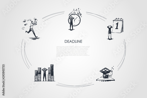 Deadline - business people hurrying up in office because of deadlines vector concept set