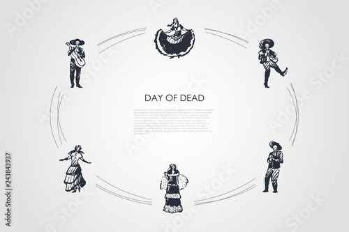 Day of dead - skeletons of dead people in costumes dancing and playing musical instruments vector concept set