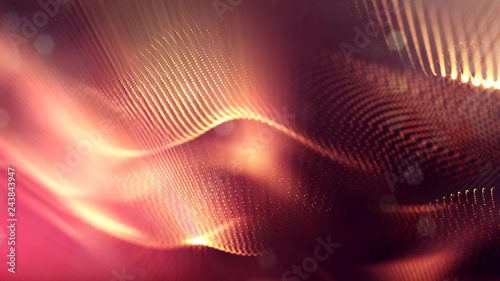 Particles form line and surface grid. 3d rendering. Science fiction golden background of glowing particles with depth of field and bokeh. Motion graphics microwold. 30