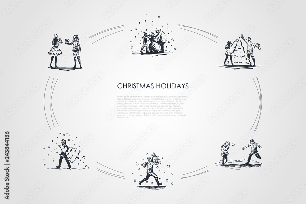 Christmas holidays - people decorating new year tree, playing with snowballs, carrying and giving presents, making snowman vector concept set