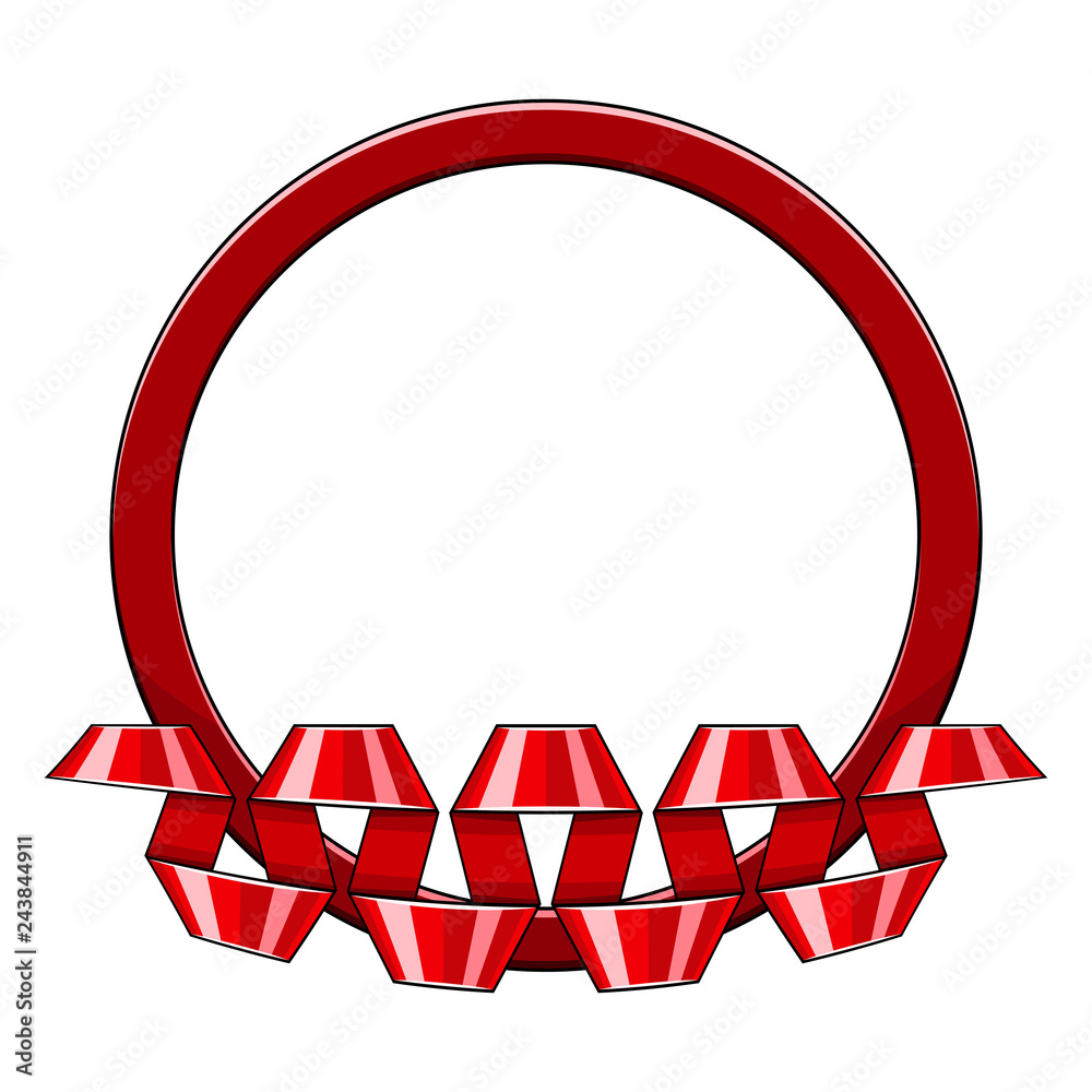 Decorative round red frame with curved up spiral ribbon. Template for photos, greeting cards, invitations, certificates, messages. Isolated on white background. EPS10 vector illustration. Decorative round red frame with curved up spiral ribbon. Template for photos, greeting cards, invitations, certificates, messages. Isolated on white background. EPS10 vector illustration.