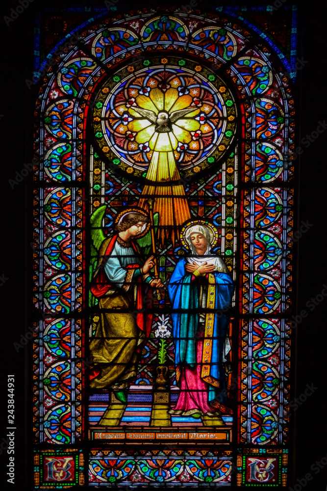 Stained-glass window with the image of the Saint in the mountain monastery Montserrat, Catalonia, Spain