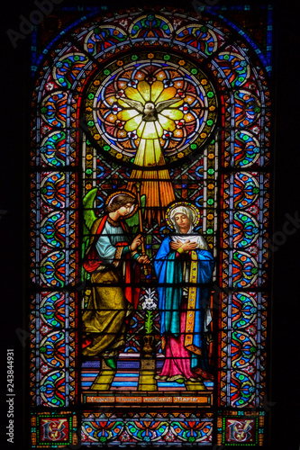 Stained-glass window with the image of the Saint in the mountain monastery Montserrat, Catalonia, Spain