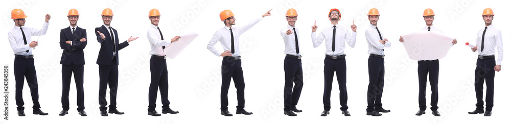panoramic photo collage of confident architect isolated on white panoramic photo collage of confident architect isolated on white