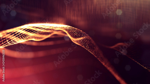 Particles form line and surface grid. 3d rendering. Science fiction golden background of glowing particles with depth of field and bokeh. Motion graphics microwold. 57 photo