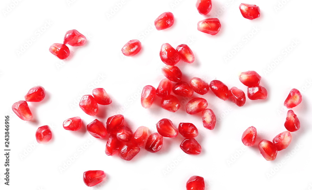 Pomegranate seeds pile isolated on white background, top view
