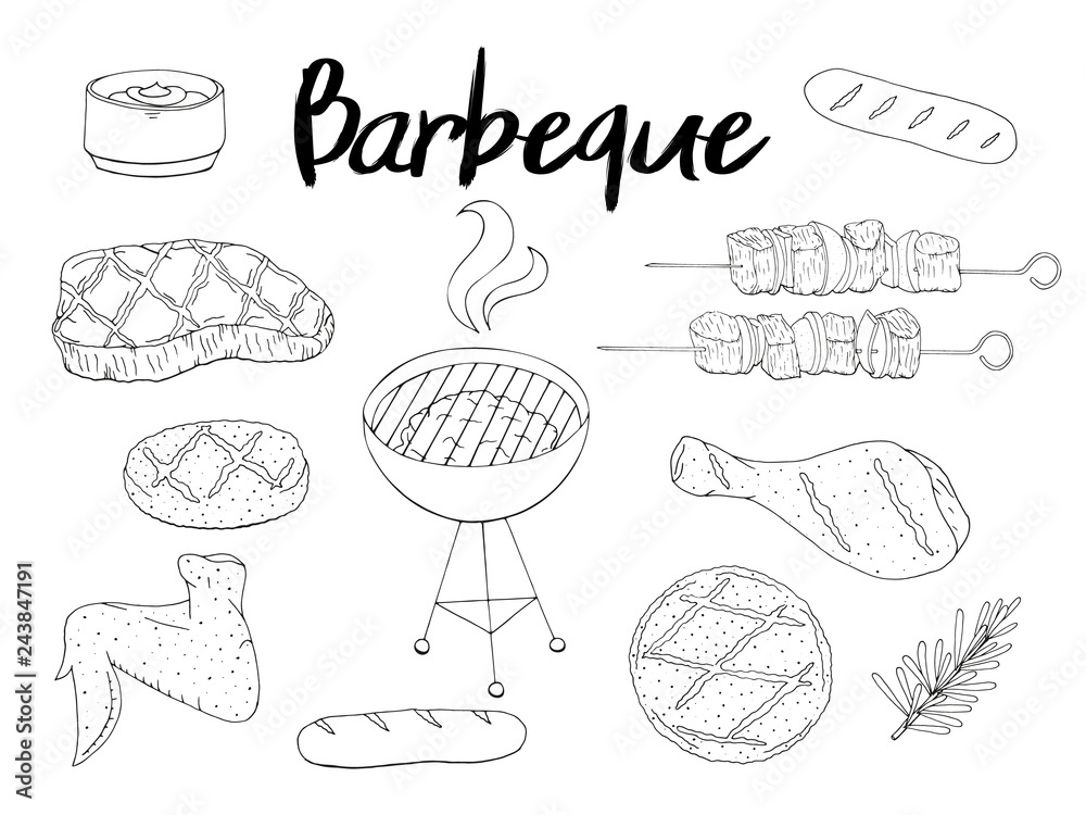 Collection of BBQ objects. set of barbecue elements, white and black. Hand drawn. Fast food. Can be used for cafe and restaurant menus, packaging, advertisements. Collection of BBQ objects. set of barbecue elements, white and black. Hand drawn. Fast food. Can be used for cafe and restaurant menus, packaging, advertisements.