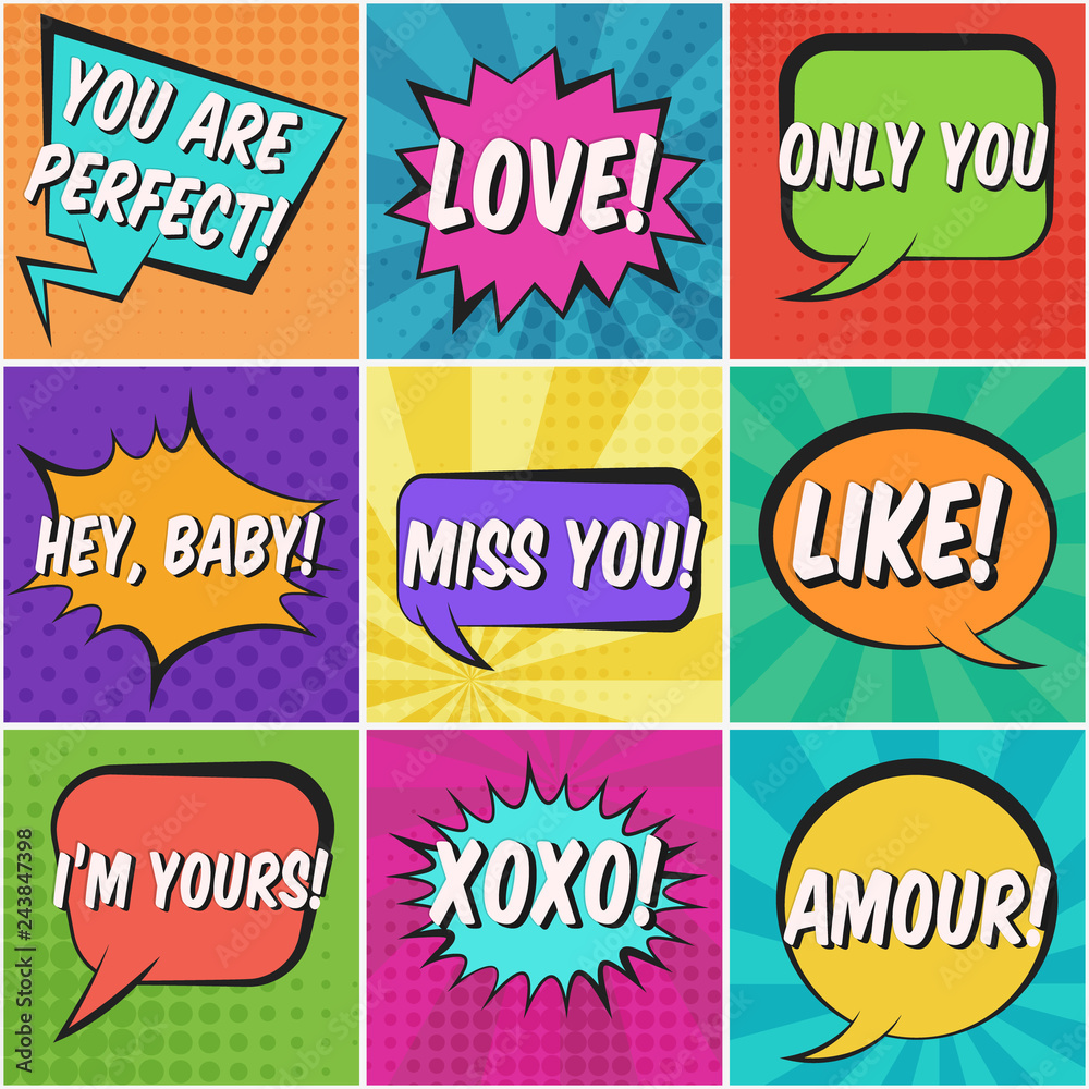Big square St. Valentines retro comic speech bubbles set with colorful LOVE, XOXO, ONLY YOU, AMOUR words. Bright balloons with halftone shadow in pop art style for lovely advertisement, comics book