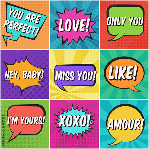 Big square St. Valentines retro comic speech bubbles set with colorful LOVE  XOXO  ONLY YOU  AMOUR words. Bright balloons with halftone shadow in pop art style for lovely advertisement  comics book