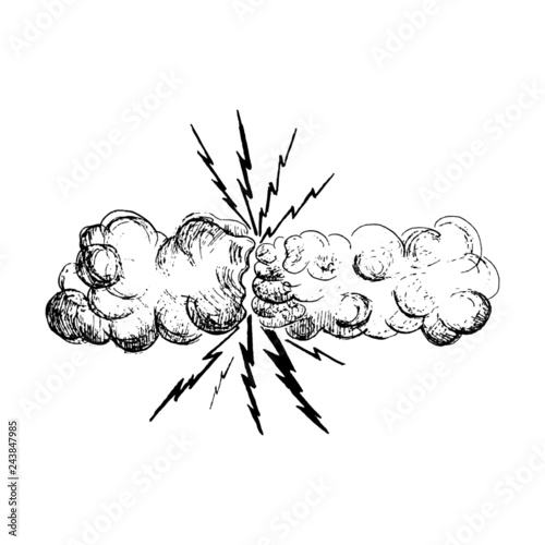 Thunderstorm vector,  vector sketch illustration two clouds, two hands, thunderstorm, cartoon thunder thunderstorm, black and white hand-drawn vector drawing on white background for your design