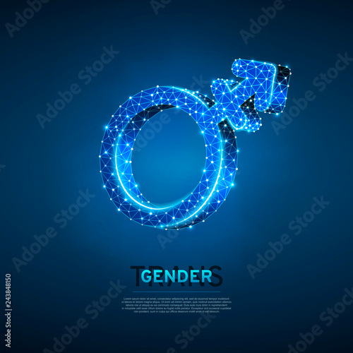 Transgender male or female symbols. Wireframe digital 3d illustration. Low poly, men and women transsexuality concept on blue background. Abstract Vector polygonal neon LGBT sign. RGB color mode