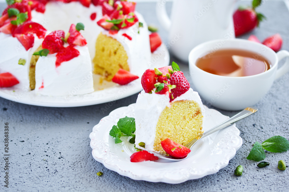 Vanilla cake with cream and strawberries. Vanilla cake with cream and strawberries.