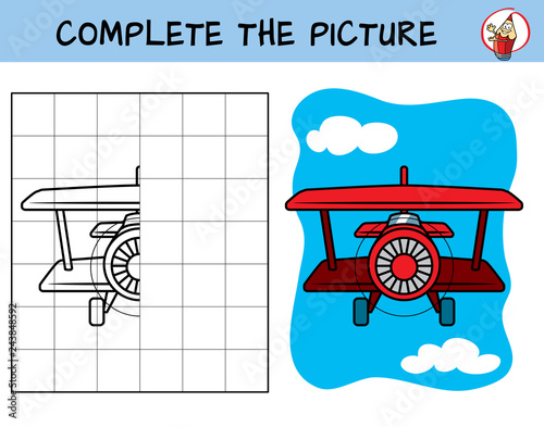 Complete the picture of a airplane. Copy the picture. Coloring book. Educational game for children. Cartoon vector illustration