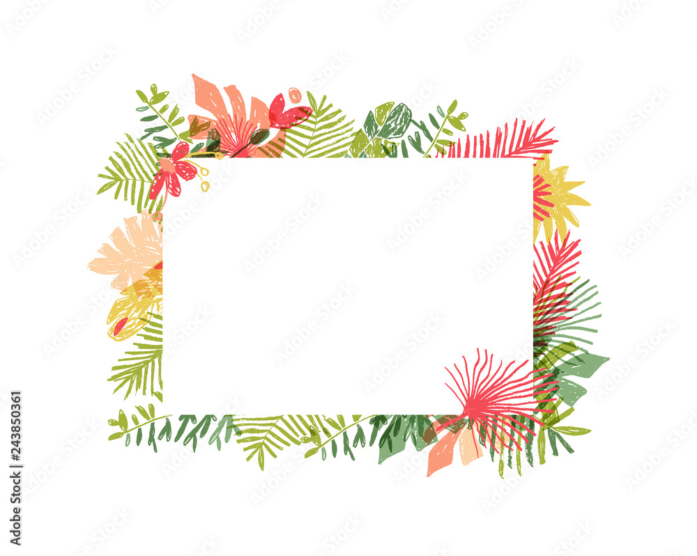 Hand drawn tropical flower composition, botanical framing. illustration isolated on white background. Floral jungle frame, exotic plant leaf framework, lets flamingle