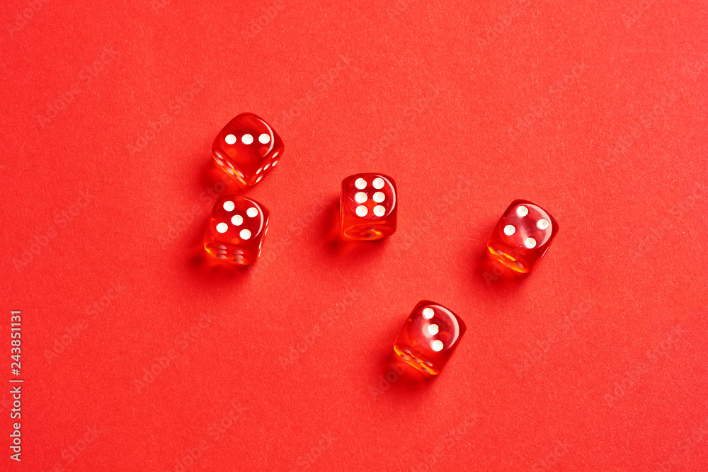 five red dice view from above on red background five red dice view from above on red background