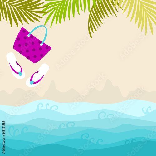 Summer card design with bag, flip flop and tropical leaves on the  sandy beach