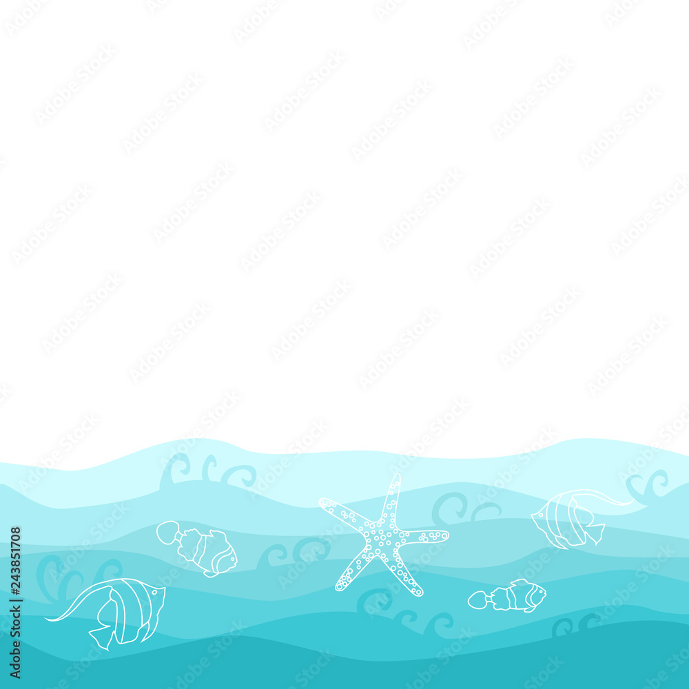 Summer card design with fish, starfish and wavy ocean Summer card design with fish, starfish and wavy ocean