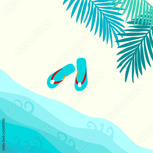 Summer card design with  flip flop and tropical leaves on the  sandy beach