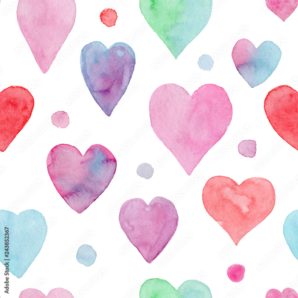 Tender seamless watercolor pattern with red, blue, pink and green hearts and dots. Lovely hand painted background for Valentine's day wallpaper, textile, wrapping paper, cards design