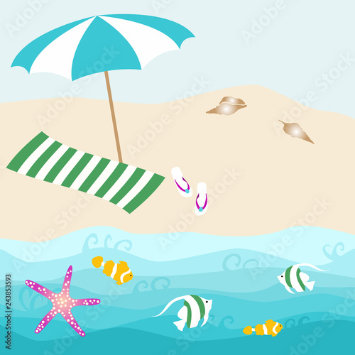 Summer card design with parasol, shell, towel, starfish, fish, slipper on the ocean beach