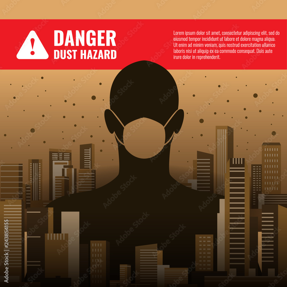 Vecteur Stock Danger dust hazard concept with human wearing dust masks