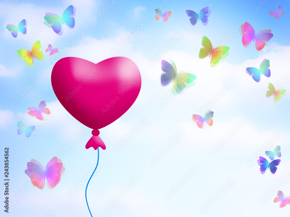 Red Heart balloon and colourful Butterflies in the sky