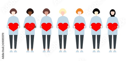 Set of diverse race vector women holding hearts. Valentine Day sisterhood cute and simple modern flat style