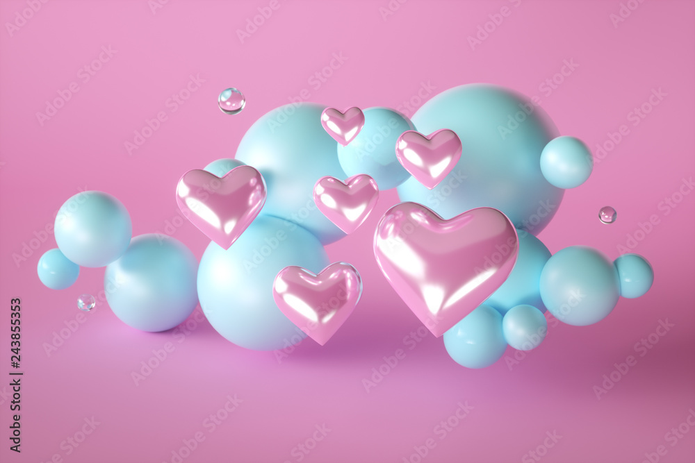 Valentines Day heart and round abstract pink background. 3d render. Use for birthday party invitation, greeting card, banner, web project.