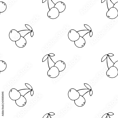 Seamless pattern with cherry. Black and white vector illustration. Print background