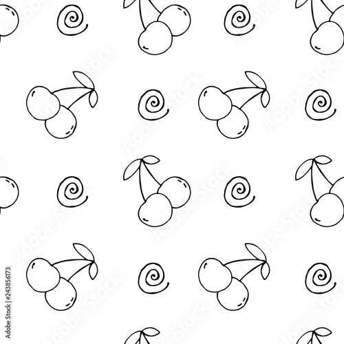 Seamless pattern with cherry. Black and white vector illustration. Print background