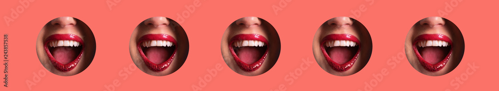 Naklejka premium Pattern of red lips, shiny smiles through holes in living coral paper background. Make up artist, beauty cosmetics sale. Spring, woman day concept. Beauty salon advertising banner with copy space