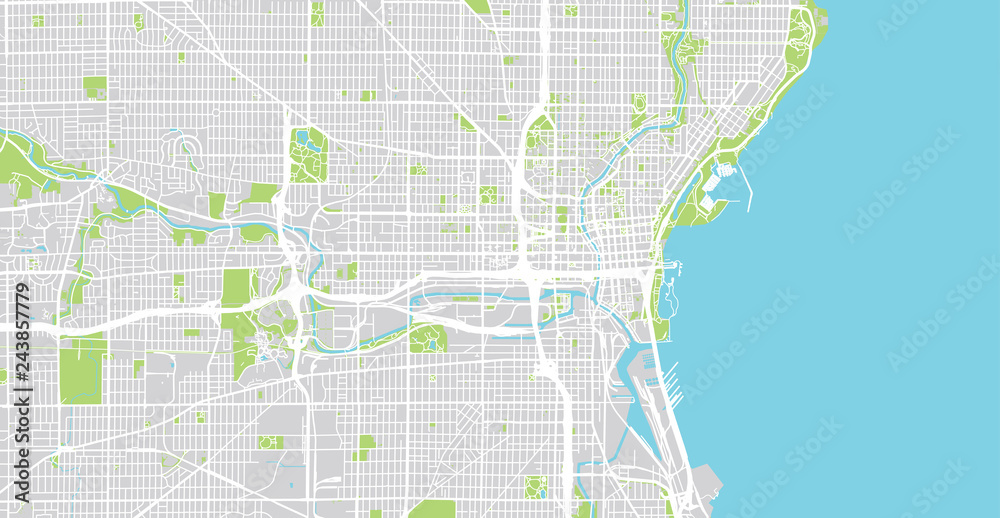 Obraz premium Mapa miasta miejskiego wektor Milwaukee, Wisconsin, Stany Zjednoczone Ameryki