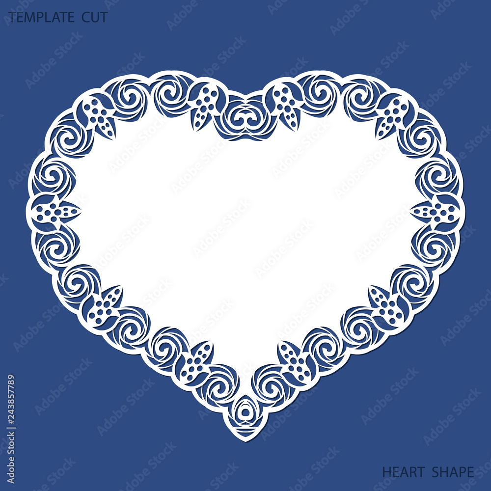 Greeting card with openwork border, paper doily under the cake, template for cutting in the form of heart, valentine card,  wedding invitation, decorative plate is laser cut,  vector illustrations.