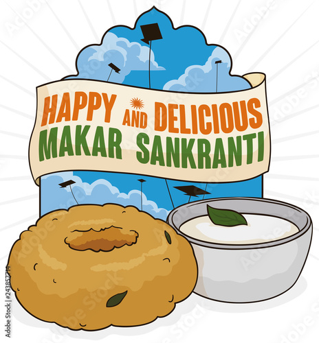 View of Makar Sankranti Sky with Vada, Chutney and Kites, Vector Illustration