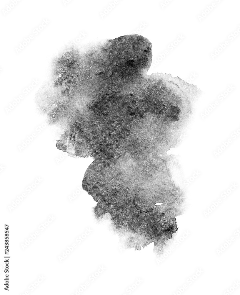 black watercolor splash isolated on white background, for text, banner, card, invitation, design for tag and label, logo, brand. color like gray, grey 