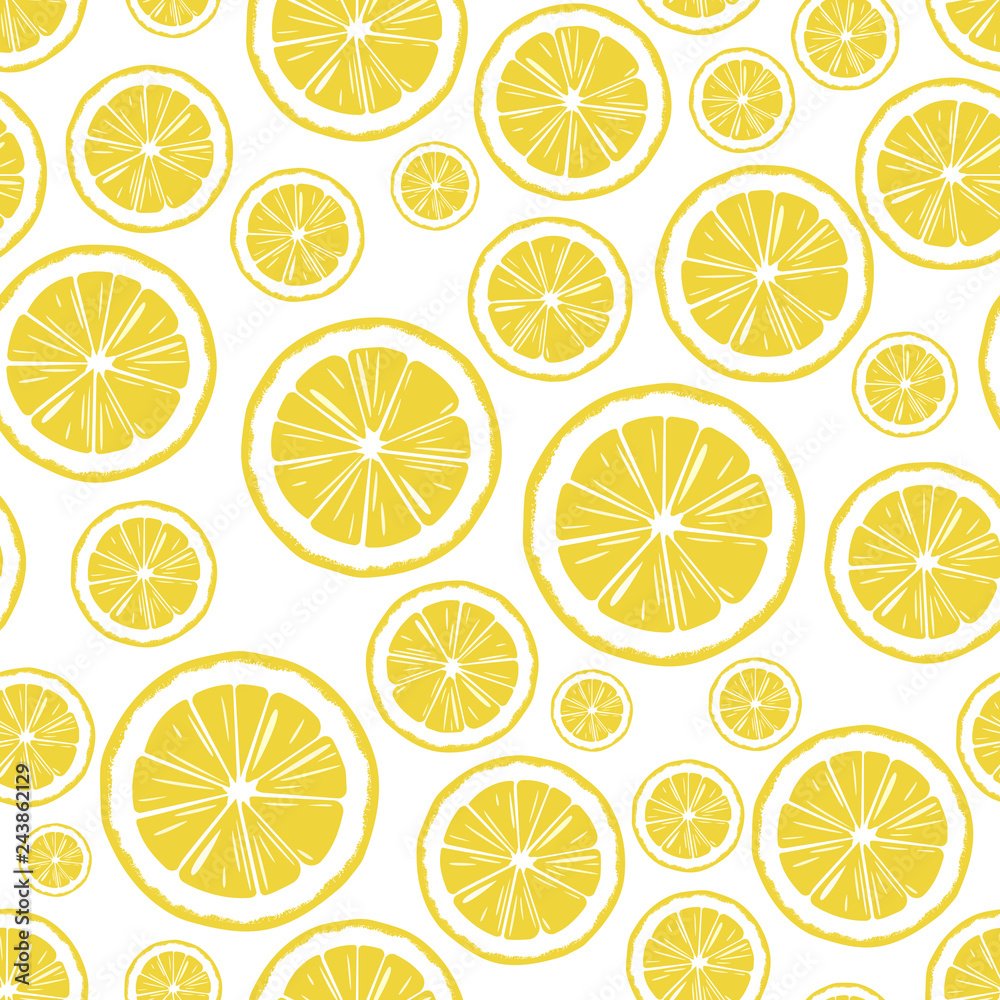 round lemon slices, hand-drawn seamless vector background