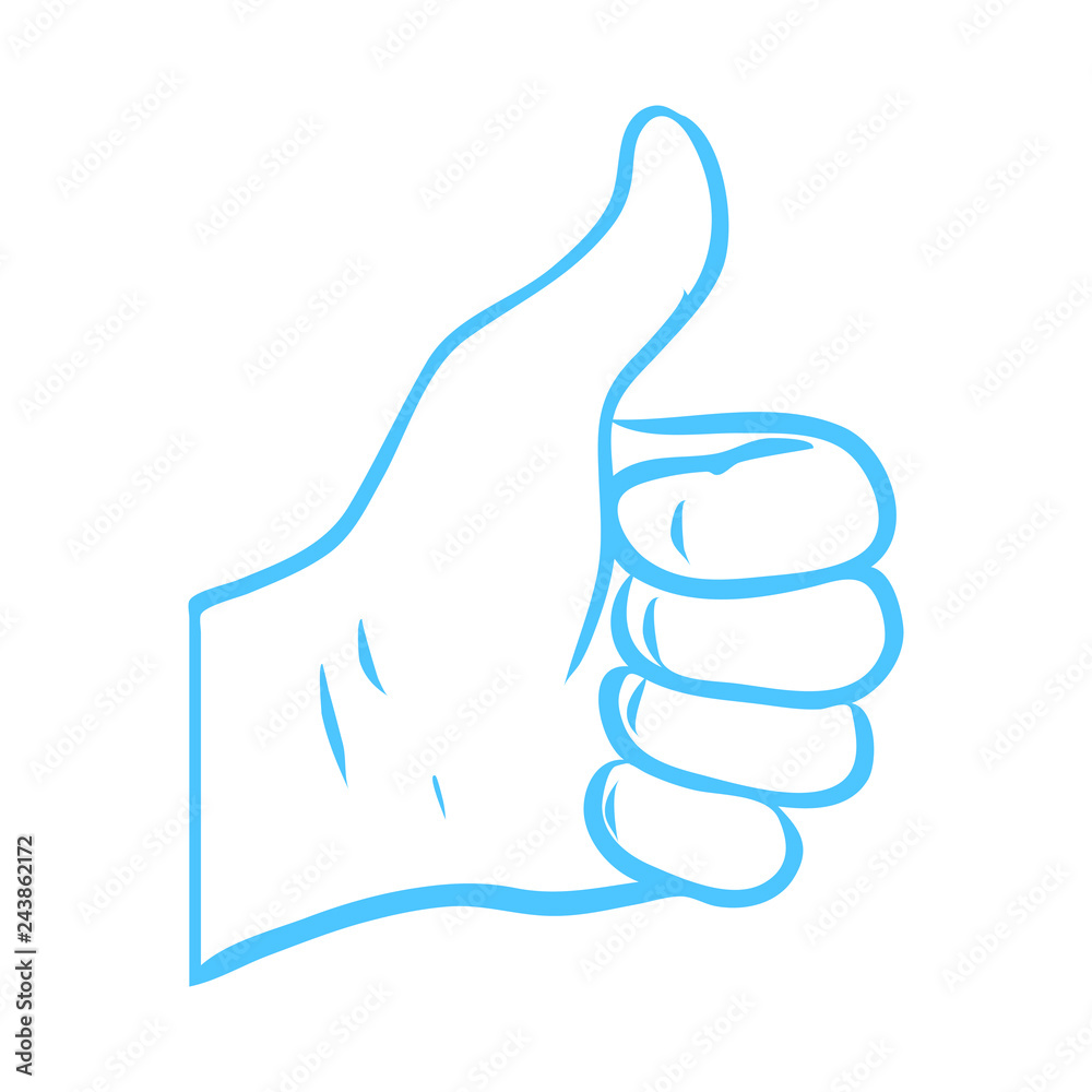 Thumbs up. Blue and white outline hand of a man. I like it button, sign on white background. isolated vector file. Communication, smartphone, chat, text, internet. Thumbs up. Blue and white outline hand of a man. I like it button, sign on white background. isolated vector file. Communication, smartphone, chat, text, internet.