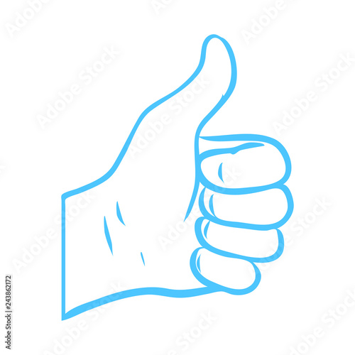Thumbs up. Blue and white outline hand of a man. I like it button, sign on white background. isolated vector file. Communication, smartphone, chat, text, internet.