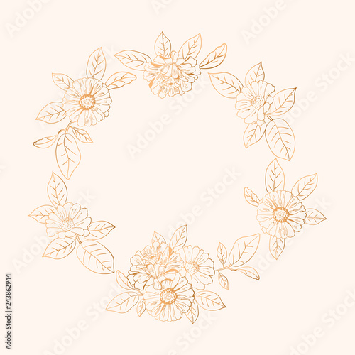 Wreath, frame with gold flowers (zinnia, camomile, sunflower, daisy). Elegant floral background for Save the date, Women`s day, Valentine`s day, Mother`s day card. Vector illustration.