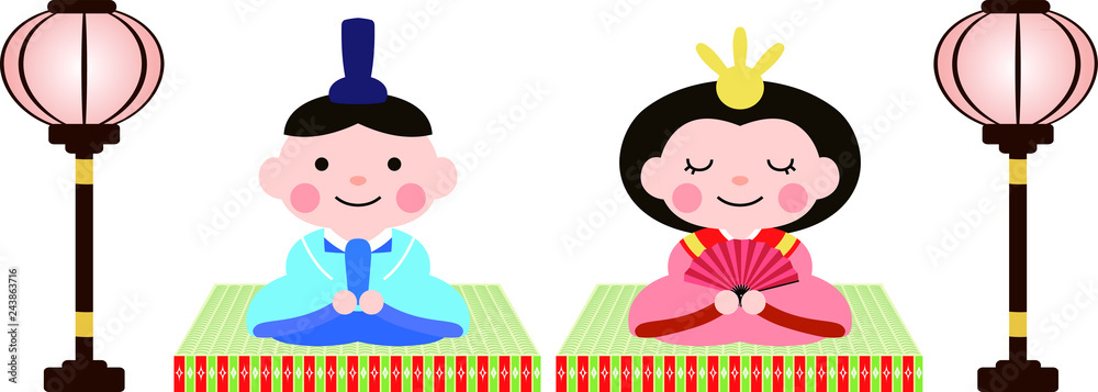 Japanese Hina dolls on tatami with paper lantern Japanese Hina dolls on tatami with paper lantern