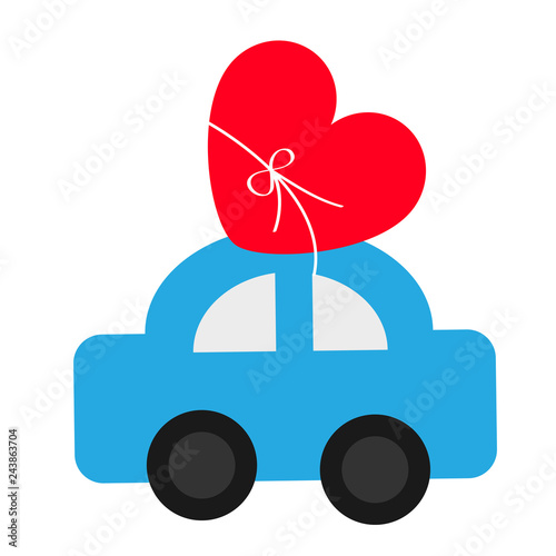 Toy car carrying red love heart shape icon with bow. Happy Valentines Day sign symbol. Delivering gift. Flat design. Greeting card. White background. Isolated.