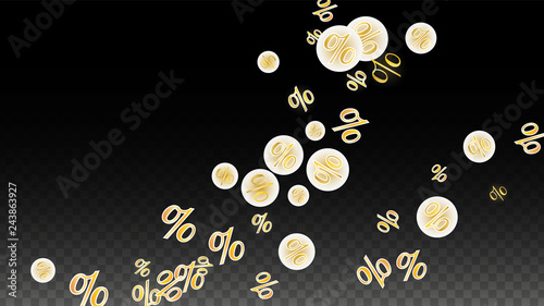 Luxury Vector Gold Percentage Sign Confetti on Transparent. Percent Sale Background. Business, Economics Print. Discount Illustration. Promotion Poster. Black Friday Banner. Special offer Template.