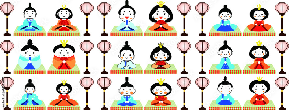 Fototapeta premium Japanese cute Hina dolls on tatami sheet with paper lantern set
