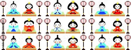 Japanese cute Hina dolls on tatami sheet with paper lantern set