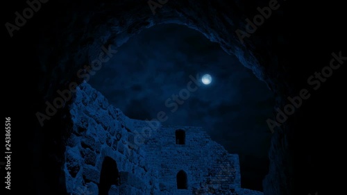 Moving Under Arch Of Ancient Building At Night