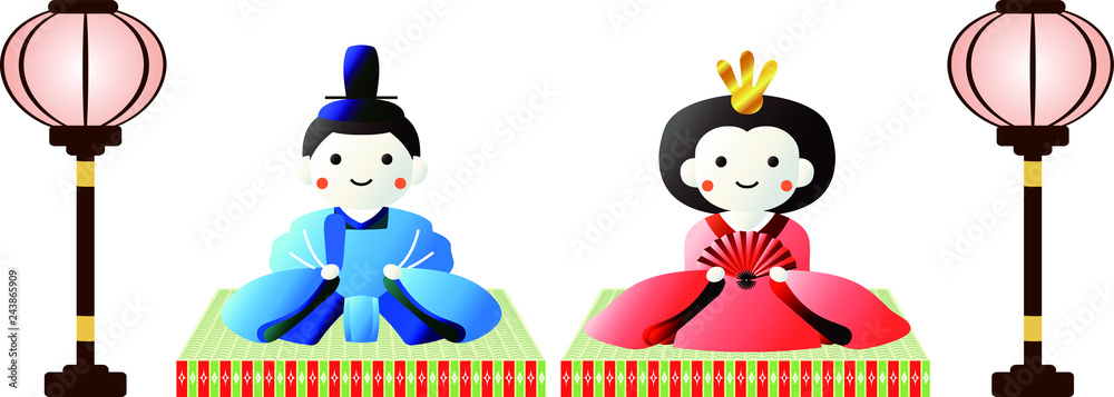 Japanese Gradation cute Hina dolls on tatami sheet with paper lantern