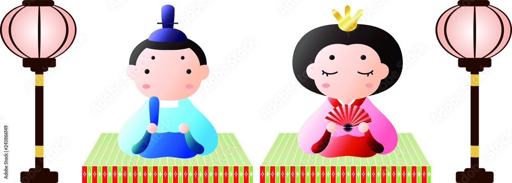 Japanese Gradation Hina dolls on tatami sheet with paper lantern Japanese Gradation Hina dolls on tatami sheet with paper lantern